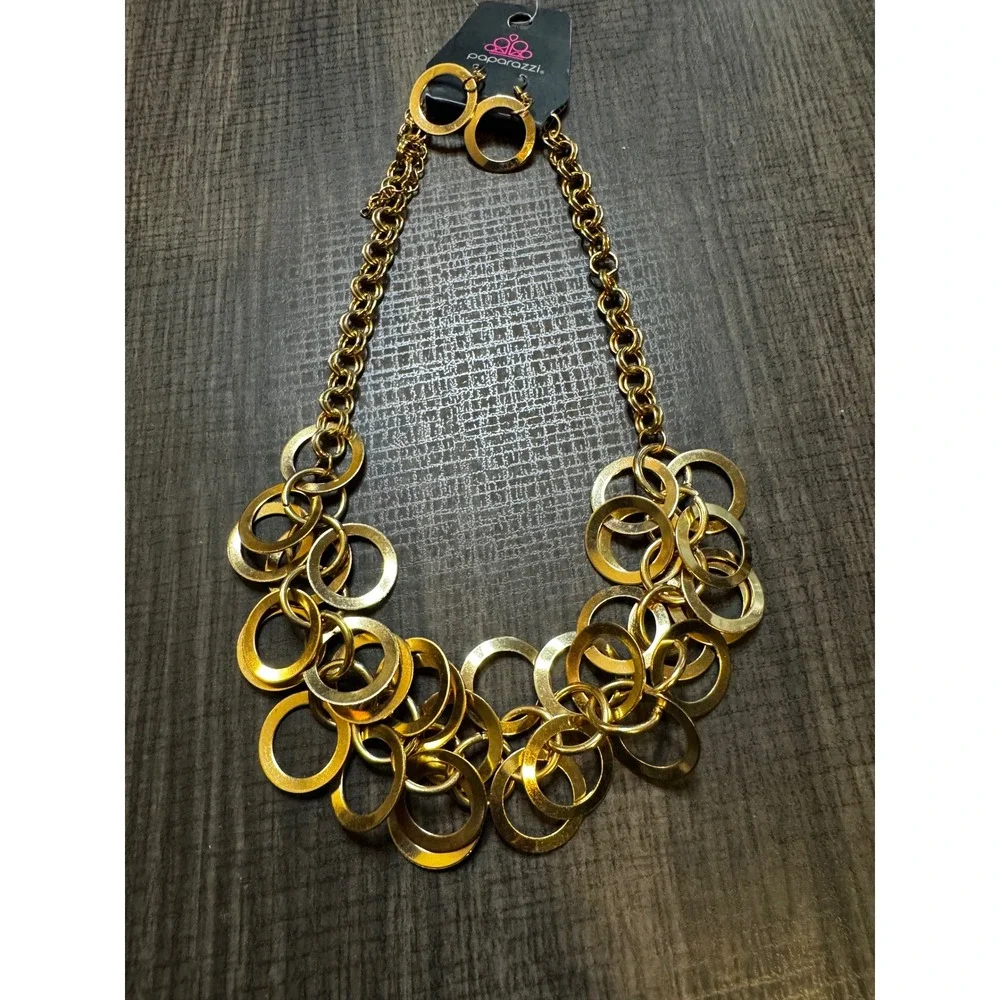 Paparazzi Gold Ring Leader Necklace & Earrings Set Costume Jewelry